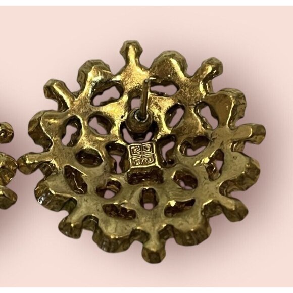 Vintage Signed Givenchy Yellow Rhinestone Earrings Starburst Round Pierced - Picture 6 of 7